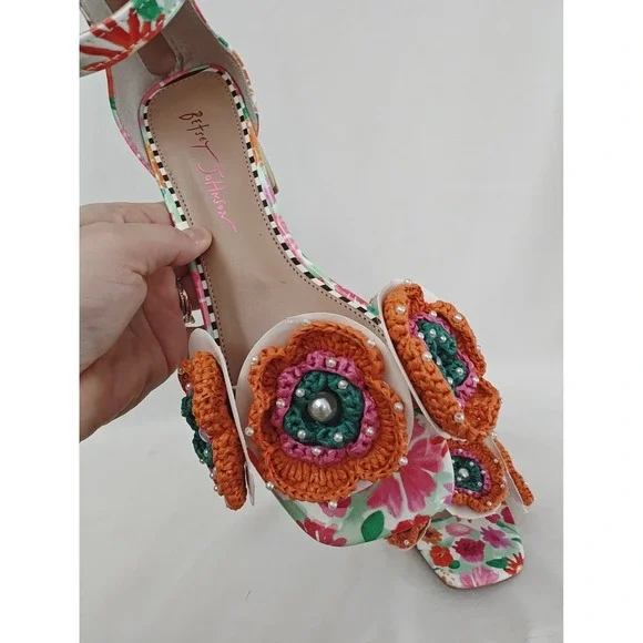 Betsey Johnson Floral Ankle-Strap Sandals with Orange Crochet Flowers - Picture 8 of 14